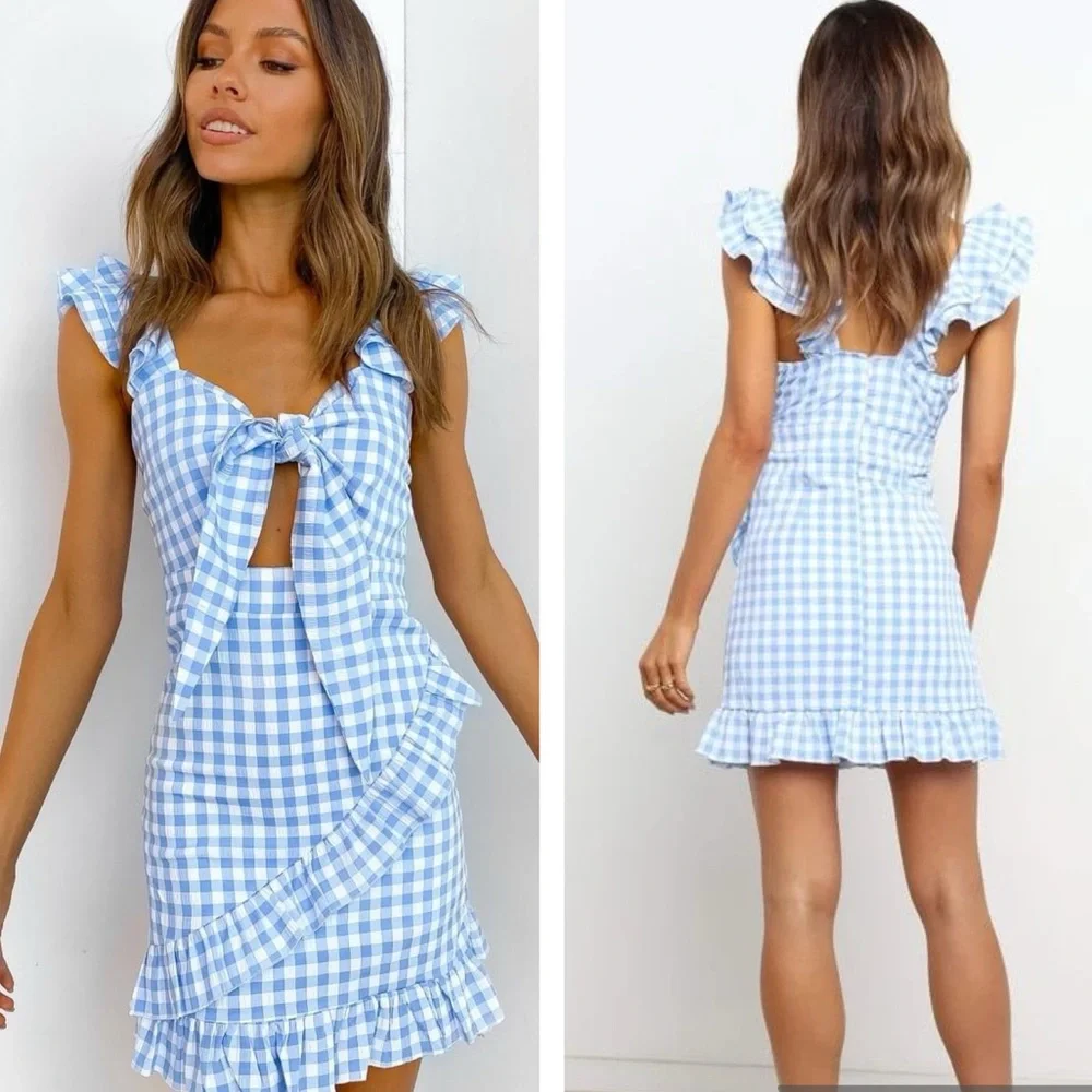 Petal & Pup Blue and White Gingham Tie-Front Mini Dress - Picture 1 of 8